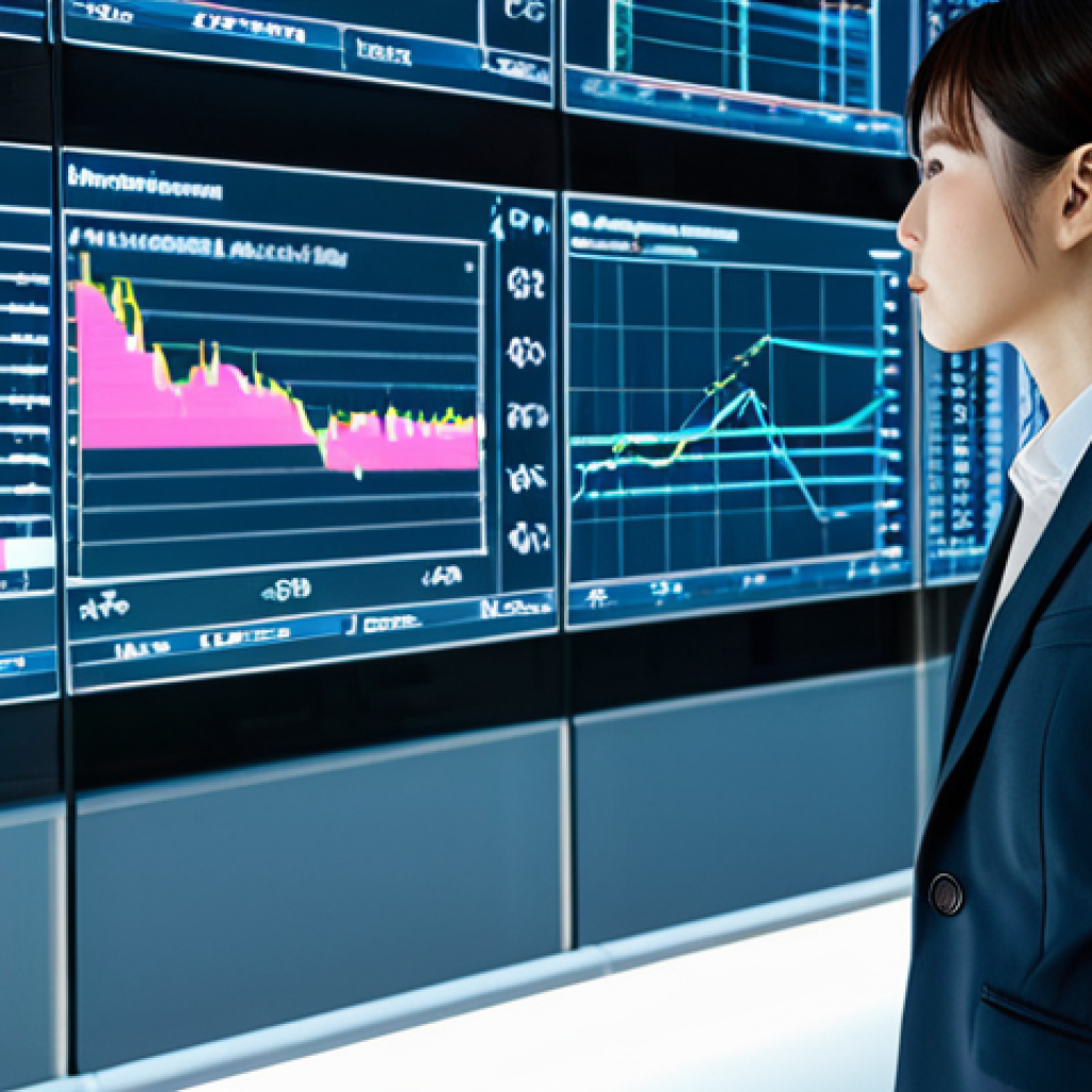 A confident Japanese financial professional, either male or female, wearing a crisp, modest business suit. They are standing in a modern, high-tech financial office with sleek glass walls and large digital screens displaying abstract financial data visualizations. The lighting is bright and futuristic. The professional is in a natural pose, looking thoughtfully at a holographic interface or a large data display, demonstrating engagement with technology. Perfect anatomy, correct proportions, natural body proportions, well-formed hands, proper finger count. Professional photography, high resolution, detailed, high quality, safe for work, appropriate content, fully clothed, professional, family-friendly.