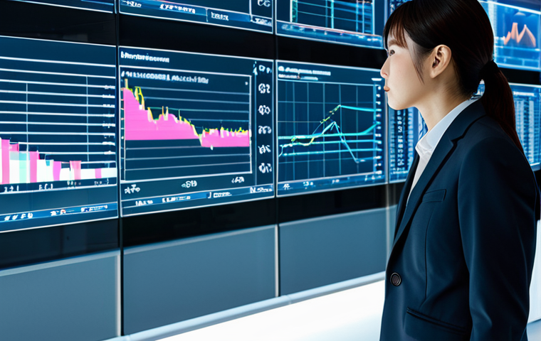 A confident Japanese financial professional, either male or female, wearing a crisp, modest business suit. They are standing in a modern, high-tech financial office with sleek glass walls and large digital screens displaying abstract financial data visualizations. The lighting is bright and futuristic. The professional is in a natural pose, looking thoughtfully at a holographic interface or a large data display, demonstrating engagement with technology. Perfect anatomy, correct proportions, natural body proportions, well-formed hands, proper finger count. Professional photography, high resolution, detailed, high quality, safe for work, appropriate content, fully clothed, professional, family-friendly.