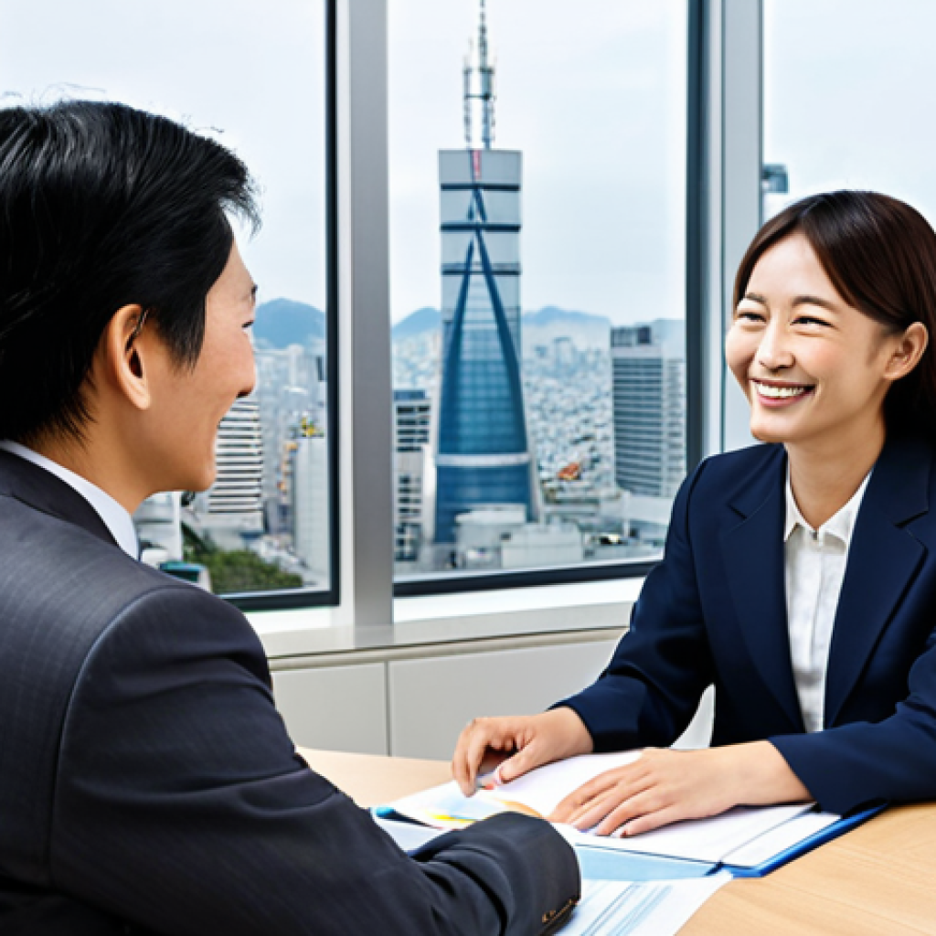 Asset Management Consultation**
A professional financial advisor, fully clothed in a modest business suit, attentively listening to a smiling Japanese woman (fully clothed in appropriate office attire) across a desk in a bright, modern office. The office has large windows overlooking a cityscape. Safe for work, appropriate content, professional setting. Perfect anatomy, correct proportions, well-formed hands, natural pose. High quality, professional photography. Family-friendly.
**