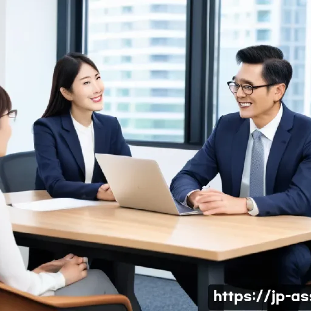 자산관리사 직무와 관련된 최신 뉴스 - A professional Japanese asset manager in a modern office setting, engaged in a warm and attentive co...