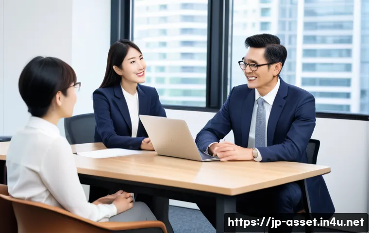 자산관리사 직무와 관련된 최신 뉴스 - A professional Japanese asset manager in a modern office setting, engaged in a warm and attentive co...