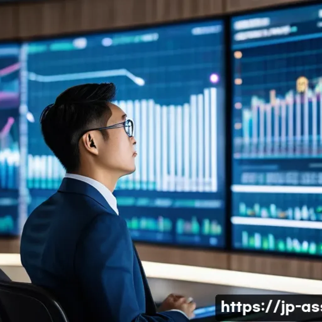 자산관리사 취업 시장 동향 - A professional Japanese asset manager in a modern office setting, wearing a sharp business suit and ...