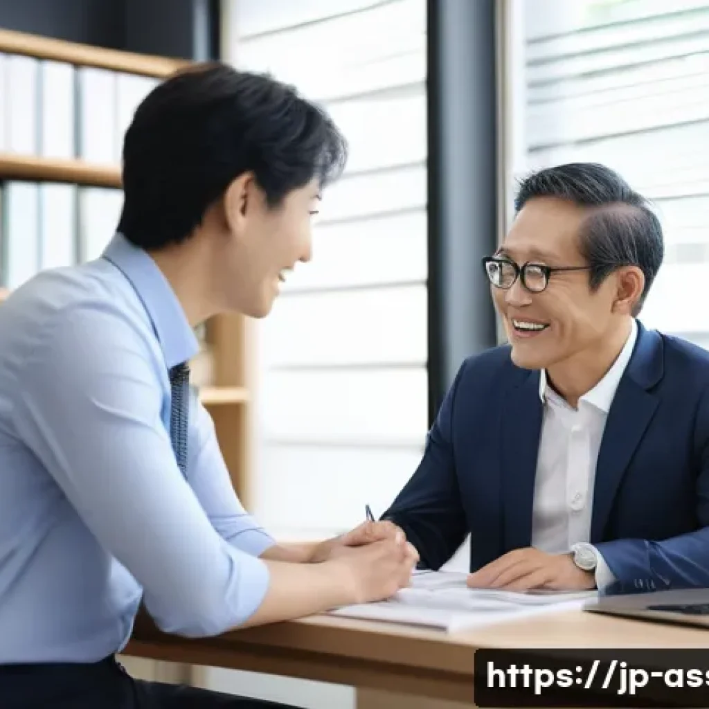 자산관리사로서 새로운 시장 개척 방법 - A professional Japanese financial advisor in a modern office setting, engaging in a warm and natural...