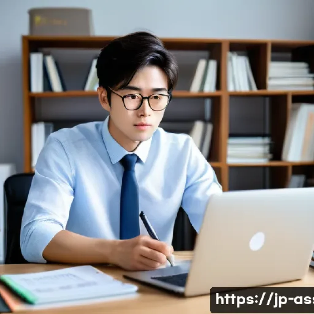 자산관리사 자격증 시험 후기 - A focused Japanese professional studying for the Asset Manager Certification exam in a modern, brigh...