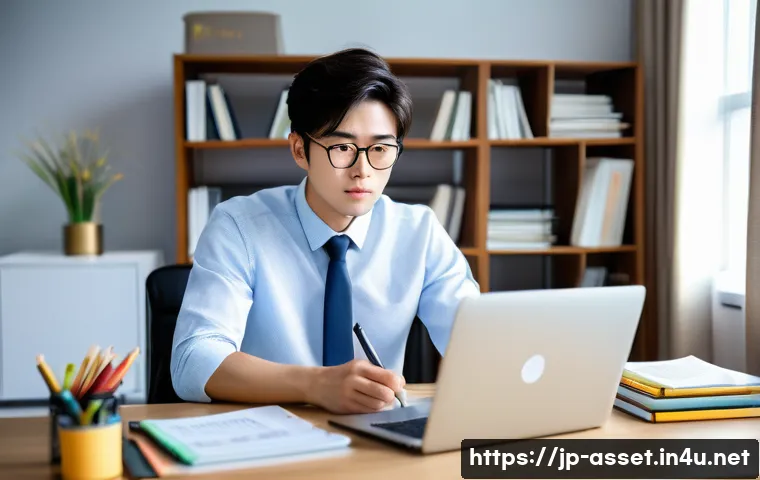 자산관리사 자격증 시험 후기 - A focused Japanese professional studying for the Asset Manager Certification exam in a modern, brigh...