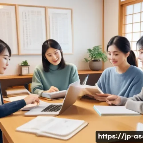자산관리사 시험 대비 스터디 그룹 활용법 - A modern study group scene in a cozy Japanese-style room with young adults of diverse backgrounds we...