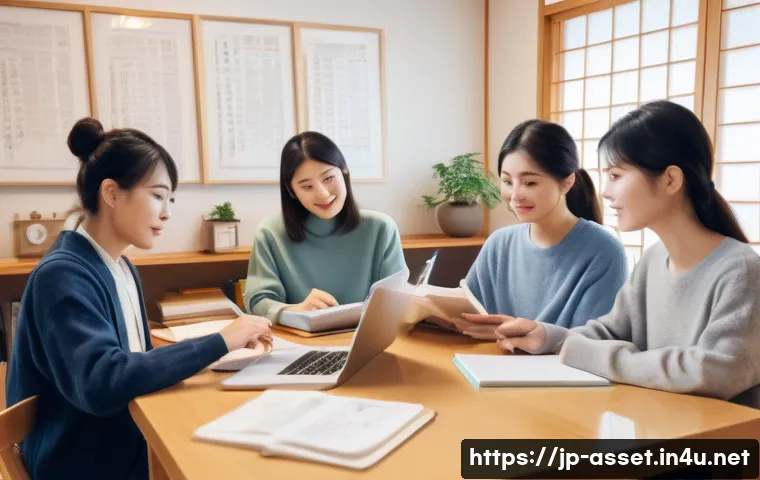 자산관리사 시험 대비 스터디 그룹 활용법 - A modern study group scene in a cozy Japanese-style room with young adults of diverse backgrounds we...