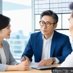 자산관리사로서 성공적인 고객 관리법 - A professional Japanese financial advisor attentively listening to a middle-aged couple in a modern ...