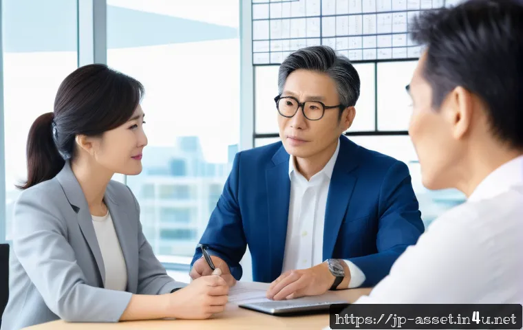 자산관리사로서 성공적인 고객 관리법 - A professional Japanese financial advisor attentively listening to a middle-aged couple in a modern ...