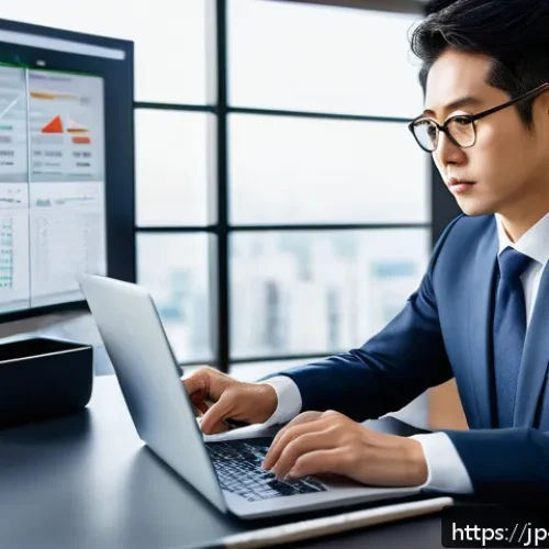 자산관리사 필수 실무 스킬 - A modern Japanese office scene featuring a professional asset manager using AI-powered portfolio ana...