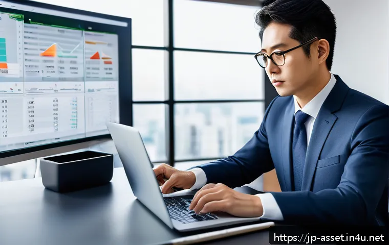 자산관리사 필수 실무 스킬 - A modern Japanese office scene featuring a professional asset manager using AI-powered portfolio ana...