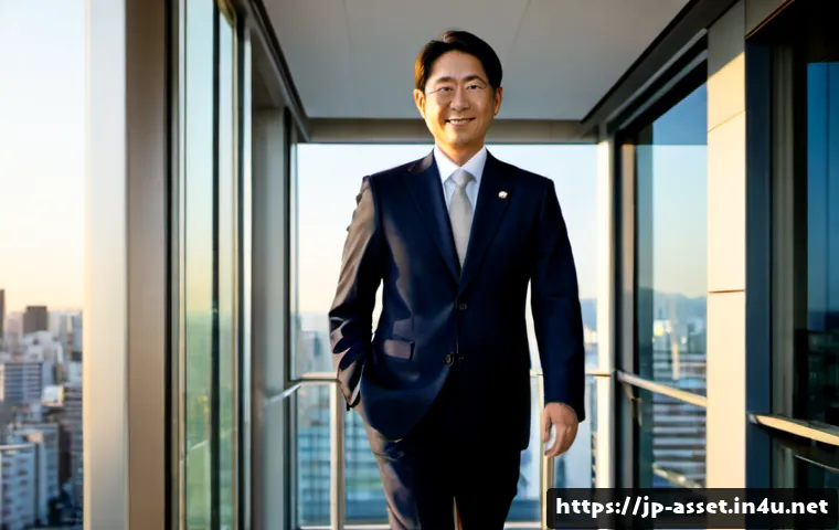 자산관리사 이직 성공 사례 - Photorealistic Japanese financial advisor in their early 40s, confidently entering a modern wealth m...