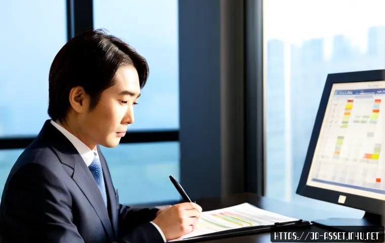 자산관리사 연봉 협상 시 유리한 자료 준비 - Photorealistic Japanese wealth manager in a tailored business suit preparing for a salary negotiatio...